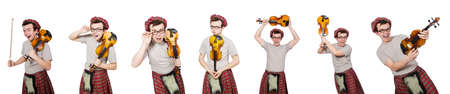 Funny scotsman with violin on white