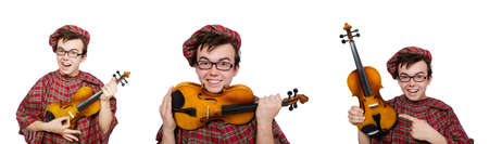 Funny scotsman with violin on whiteの写真素材