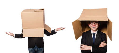 Funny man with boxes isolated on whiteの写真素材