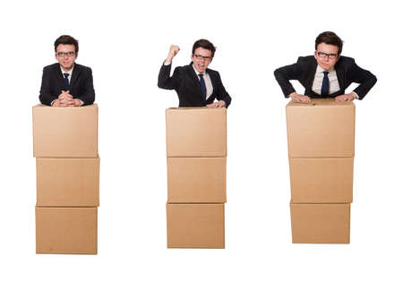 Funny man with boxes isolated on white