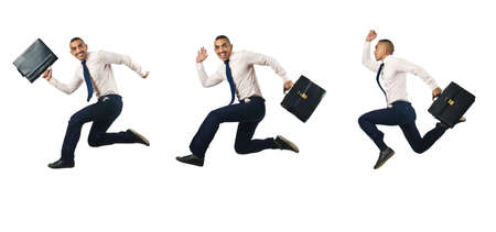 Jumping businessman isolated on whiteの写真素材