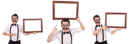 Young man with frame isolated on white