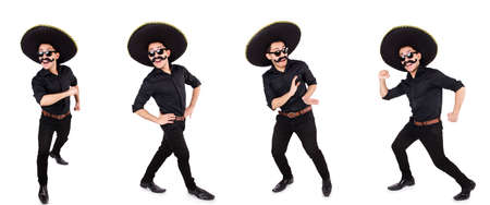 Funny man wearing mexican sombrero hat isolated on whiteの写真素材