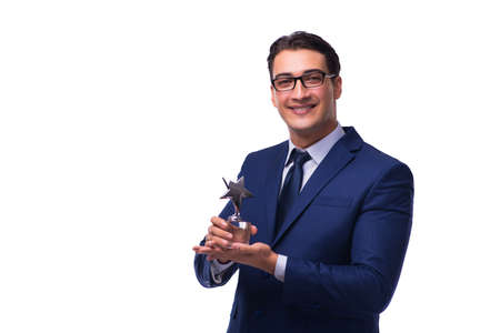 Businessman with star award isolated on whiteの写真素材