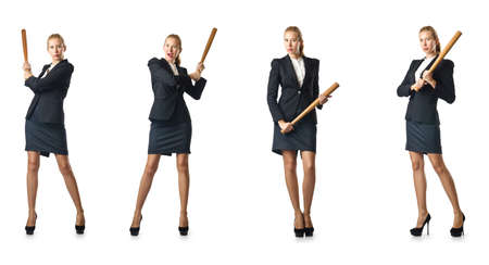 Businesswoman with baseball bat on whiteの写真素材