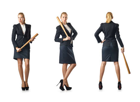 Businesswoman with baseball bat on whiteの写真素材