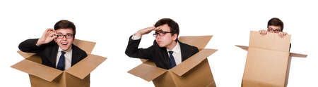 Funny man with boxes isolated on whiteの写真素材