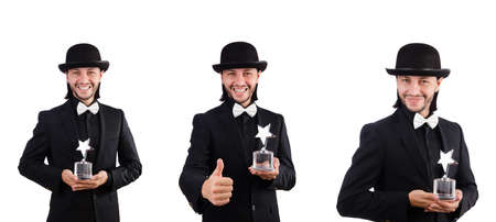 Businessman with star award isolated on whiteの写真素材