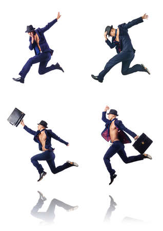 Jumping businessman isolated on whiteの写真素材