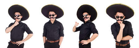 Funny man wearing mexican sombrero hat isolated on whiteの写真素材