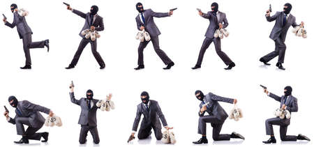 Gangster with bags of money on whiteの写真素材