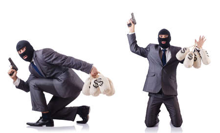 Gangster with bags of money on whiteの写真素材