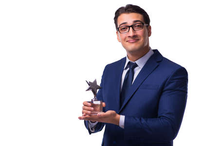 Businessman with star award isolated on whiteの写真素材