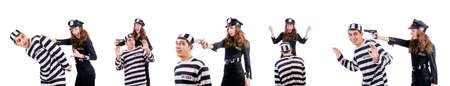 Police and prison inmate on white