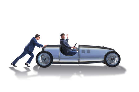 Businessman car pushing in teamwork conceptの写真素材