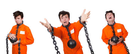 Young inmate with chains isolated on the white