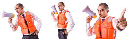 Man in life jacket isolated on whiteの写真素材