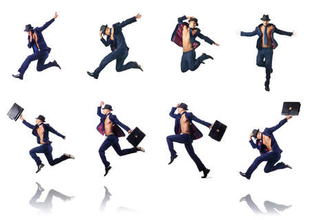 Jumping businessman isolated on whiteの写真素材