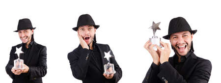 Businessman with star award isolated on whiteの写真素材