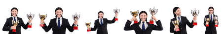 Businessman awarded with prize cup isolated on whiteの写真素材
