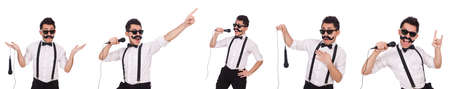 Funny man with mic isolated on white