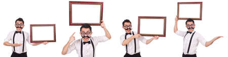 Young man with frame isolated on whiteの写真素材