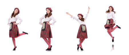 Pretty girl in plaid red clothing isolated on whiteの写真素材