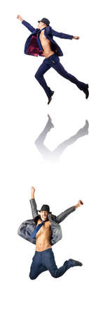 Jumping businessman isolated on whiteの写真素材