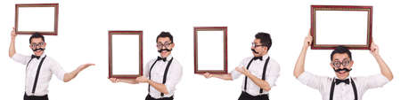 Young man with frame isolated on whiteの写真素材