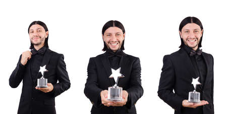 Businessman with star award isolated on whiteの写真素材