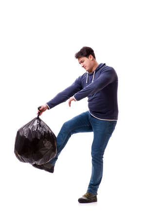 Man with garbage sack isolated on whiteの写真素材