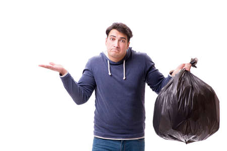 Man with garbage sack isolated on white