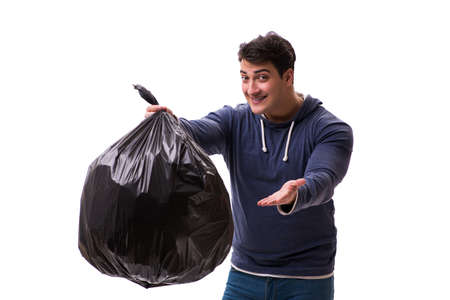 Man with garbage sack isolated on whiteの写真素材