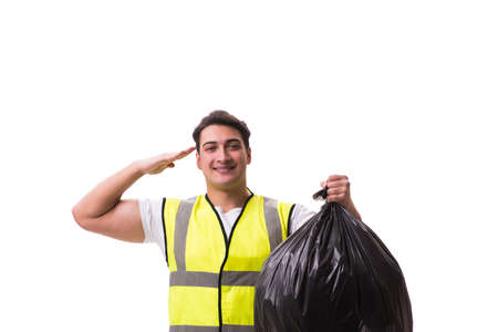 Man with garbage sack isolated on whiteの写真素材