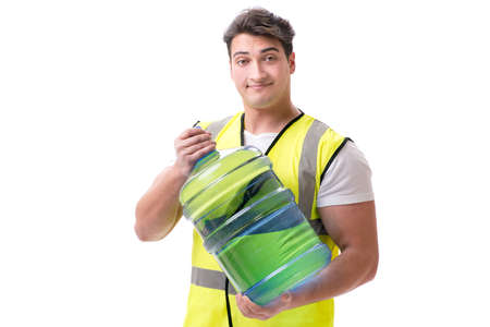 Man delivering water bottle isolated on whiteの写真素材