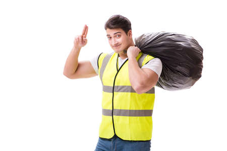 Man with garbage sack isolated on whiteの写真素材
