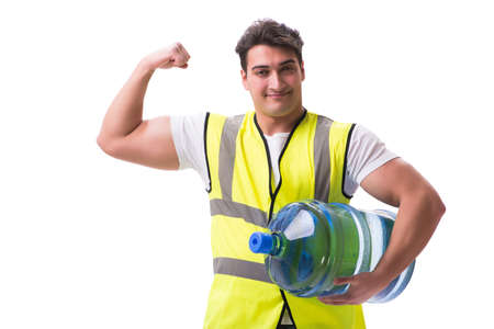 Man delivering water bottle isolated on whiteの写真素材