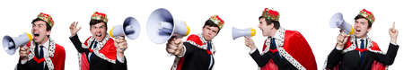 Man with crown and megaphone isolated on whiteの写真素材