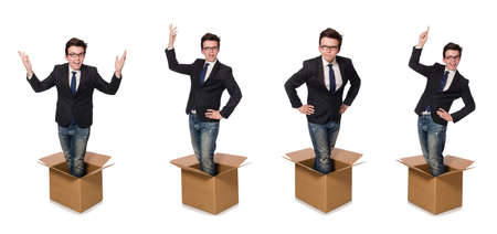 Funny man with boxes isolated on whiteの写真素材