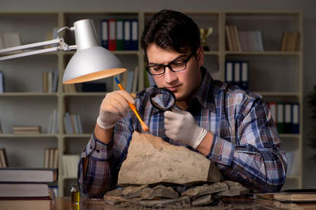 Archeologist working late night in officeの写真素材