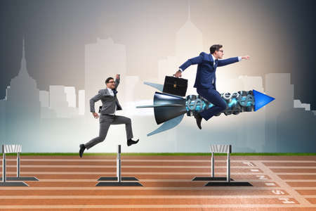 Competition concept with businessman and rocketの写真素材