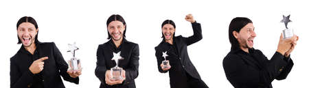 Businessman with star award isolated on whiteの写真素材