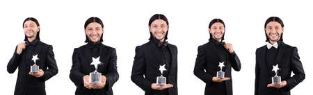 Businessman with star award isolated on whiteの写真素材