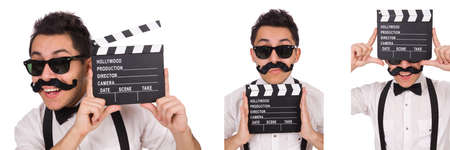 Whiskered young man with clapperboard isolated on whiteの写真素材