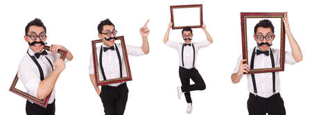 Young man with frame isolated on white