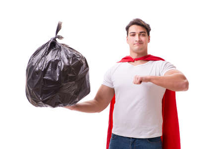 Superhero man with garbage sack isolated on whiteの写真素材