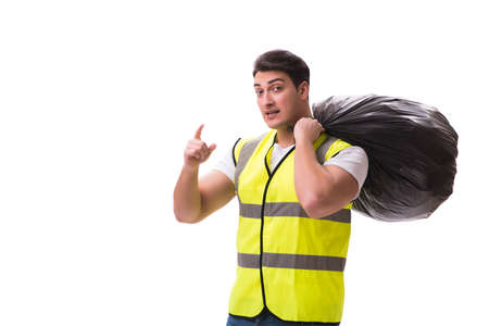 Man with garbage sack isolated on white
