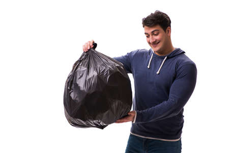Man with garbage sack isolated on white