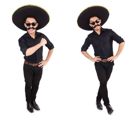 Funny man wearing mexican sombrero hat isolated on whiteの写真素材