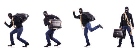 Burglar wearing balaclava isolated on whiteの写真素材